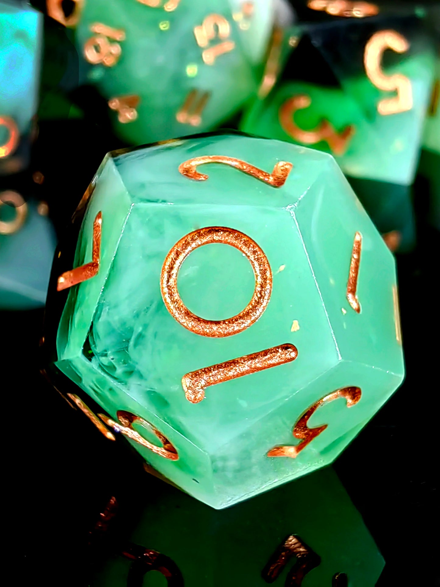DnD Dice Set - Sharp Edge Resin Dice, Light Green with Gold Numbers, Perfect for Dungeons & Dragons, Tabletop RPG