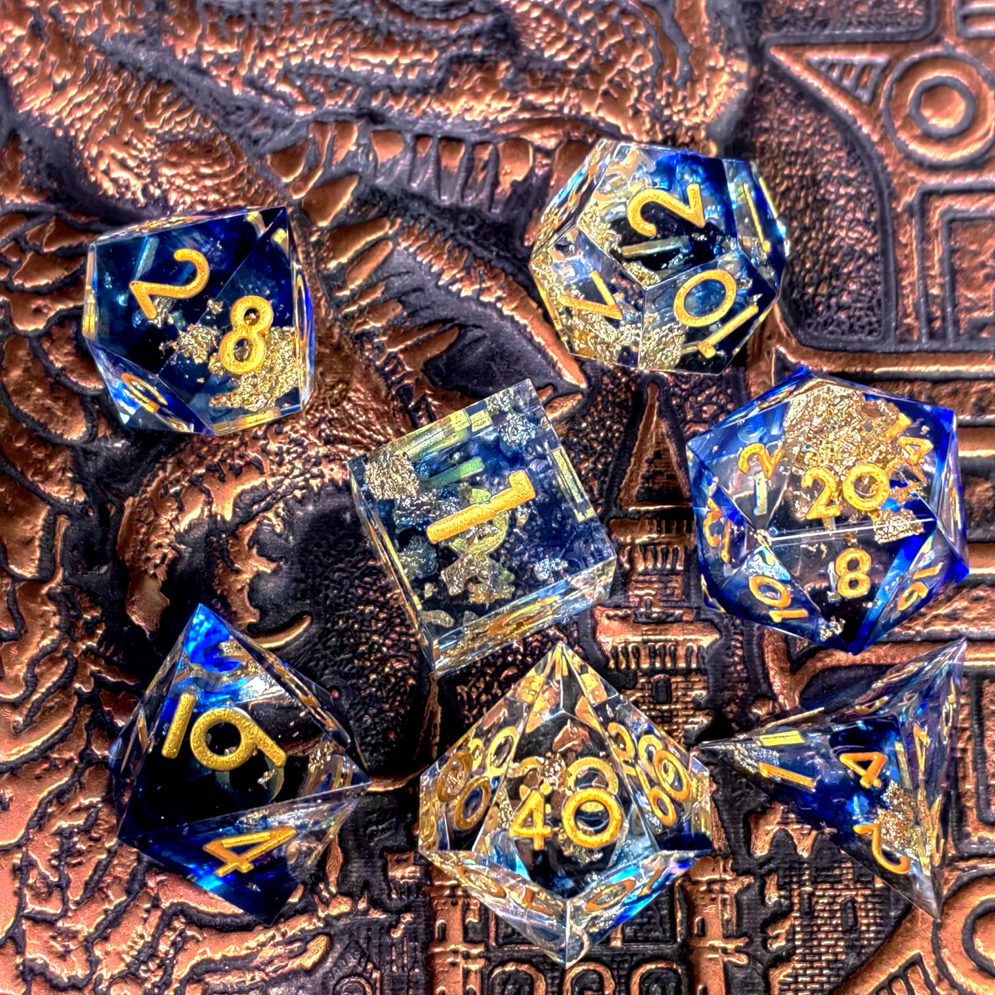 "DnD Dice Set 7-Piece Resin Polyhedral Dice, Light Blue with Gold Numbers for Dungeons and Dragons, RPG Games & Tabletop Gaming"
