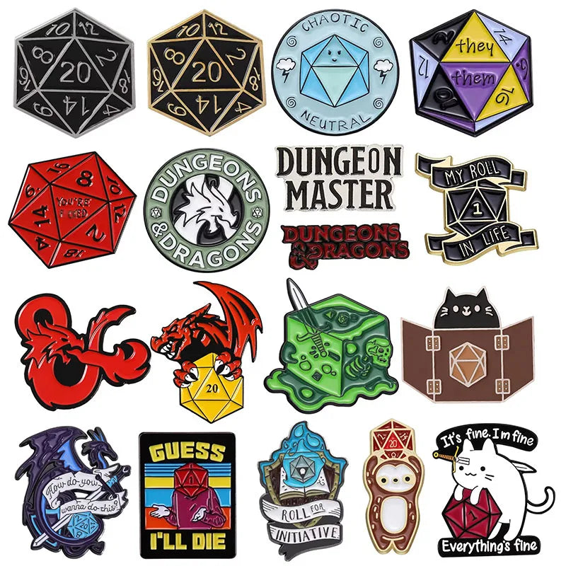 RPG Game Dungeon DnD Dragon Dice D20 Anime Enamel Pin Lapel Badges Manga Brooches for Women Fashion Jewelry Accessories Gifts