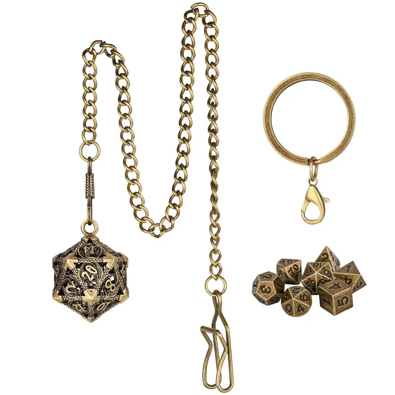 Portable Keychain with Hollow D20 Metal Case Tiny 7pcs Polyhedral Metal Dice Set Gaming Dices Accessory Necklace Pendant Chain