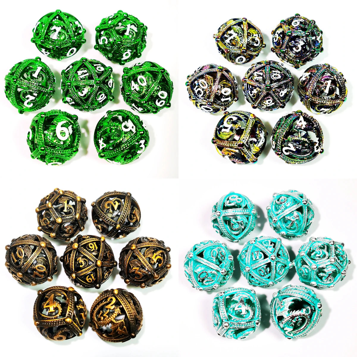 "Sharp Edge Zinc Alloy DnD Dice Set - 7 Piece Metal Hollow Green Polyhedral Dice for Dungeons & Dragons, RPG Games"