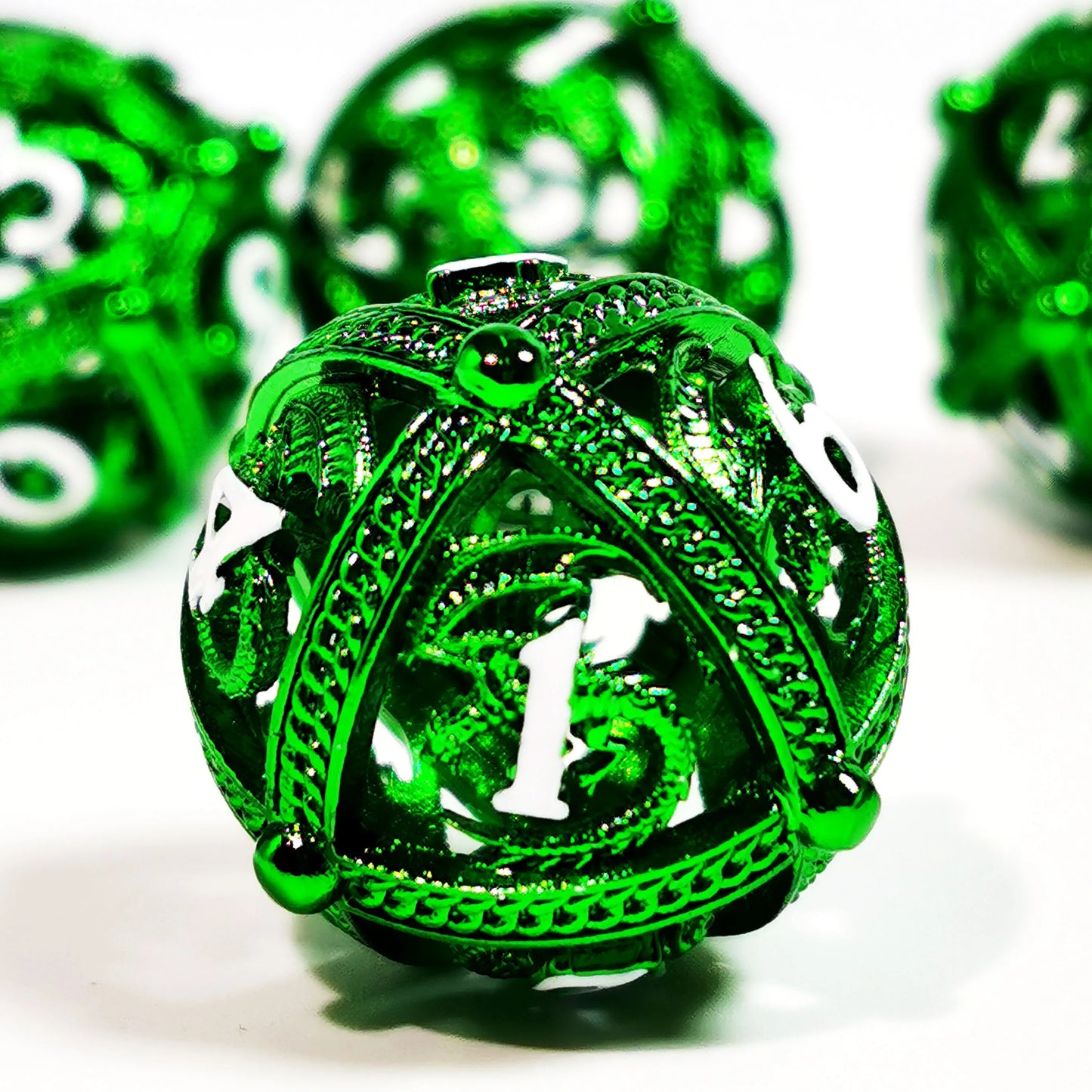 "Sharp Edge Zinc Alloy DnD Dice Set - 7 Piece Metal Hollow Green Polyhedral Dice for Dungeons & Dragons, RPG Games"