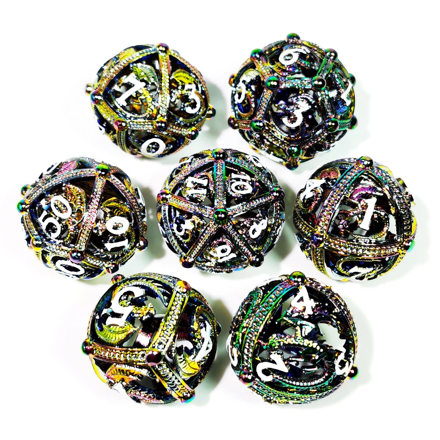 "Sharp Edge Zinc Alloy DnD Dice Set - 7 Piece Metal Hollow Green Polyhedral Dice for Dungeons & Dragons, RPG Games"
