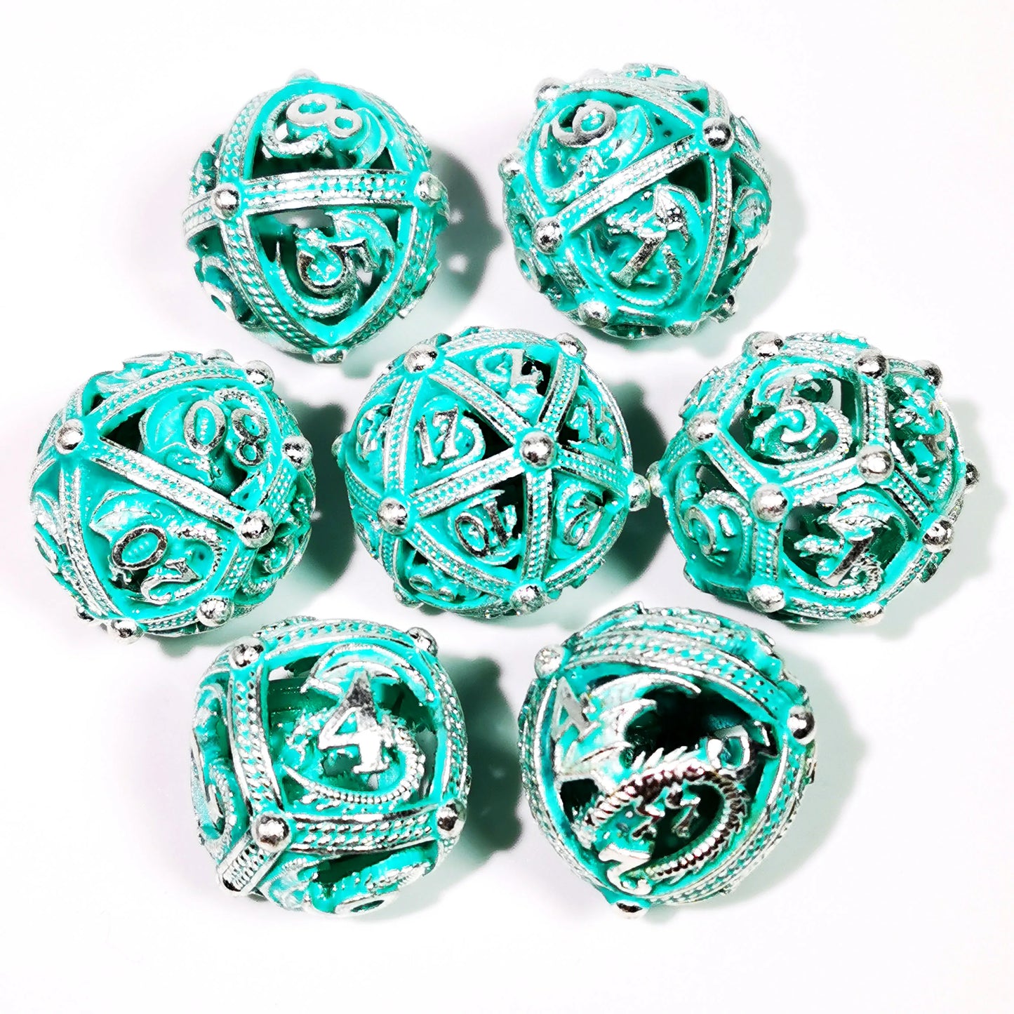 "Sharp Edge Zinc Alloy DnD Dice Set - 7 Piece Metal Hollow Green Polyhedral Dice for Dungeons & Dragons, RPG Games"