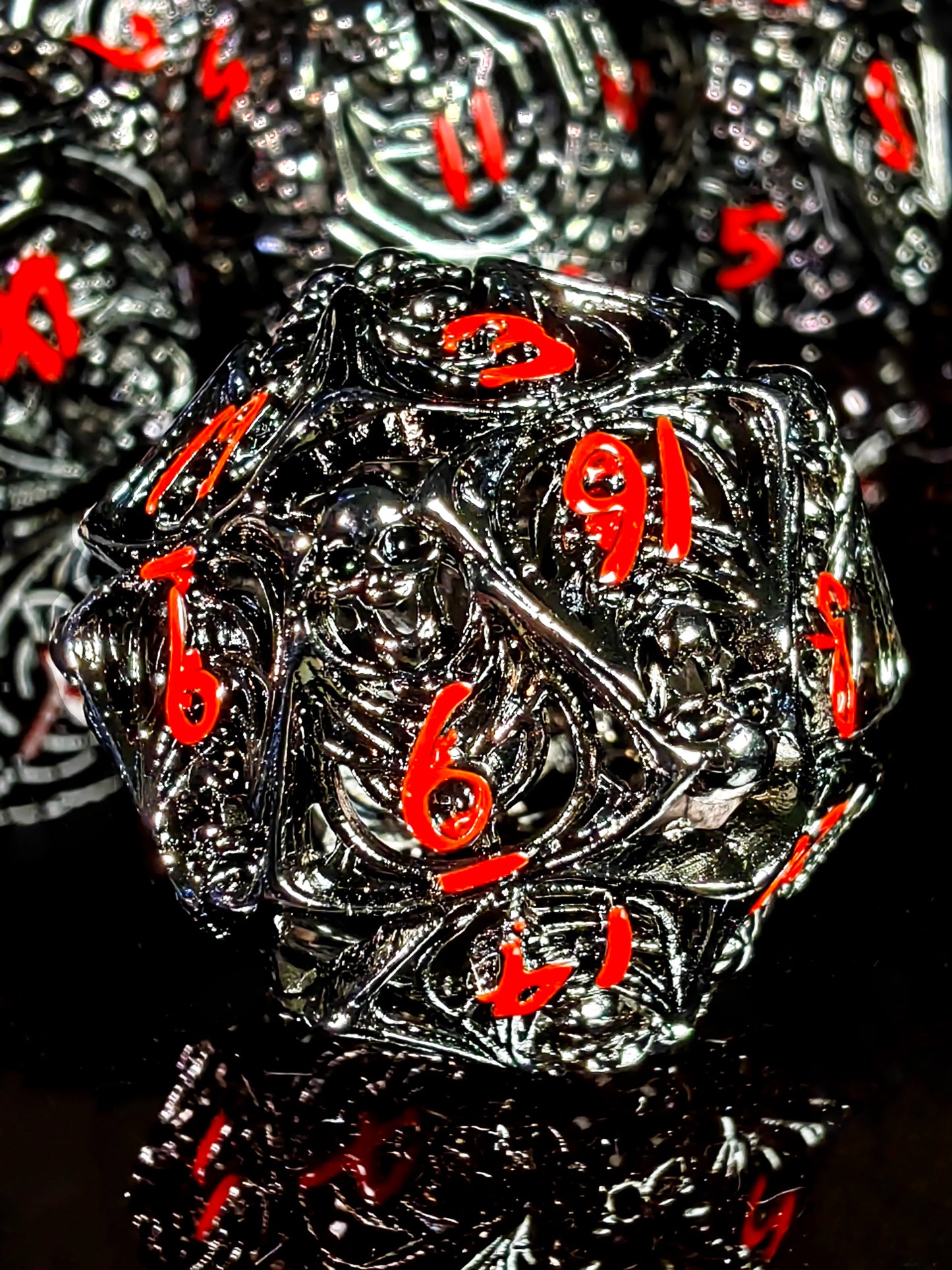 DnD Metal Dice Set - Zinc Alloy Skull Design, Silver Base with Red Numbers, Perfect for Dungeons & Dragons, RPG Games