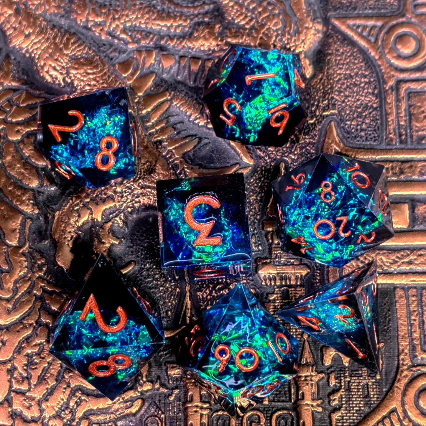 "DnD Dice Set 7-Piece Resin Polyhedral Dice, Light Blue with Gold Numbers for Dungeons and Dragons, RPG Games & Tabletop Gaming"