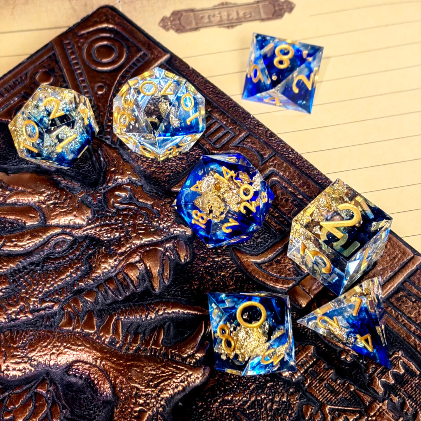 "DnD Dice Set 7-Piece Resin Polyhedral Dice, Light Blue with Gold Numbers for Dungeons and Dragons, RPG Games & Tabletop Gaming"