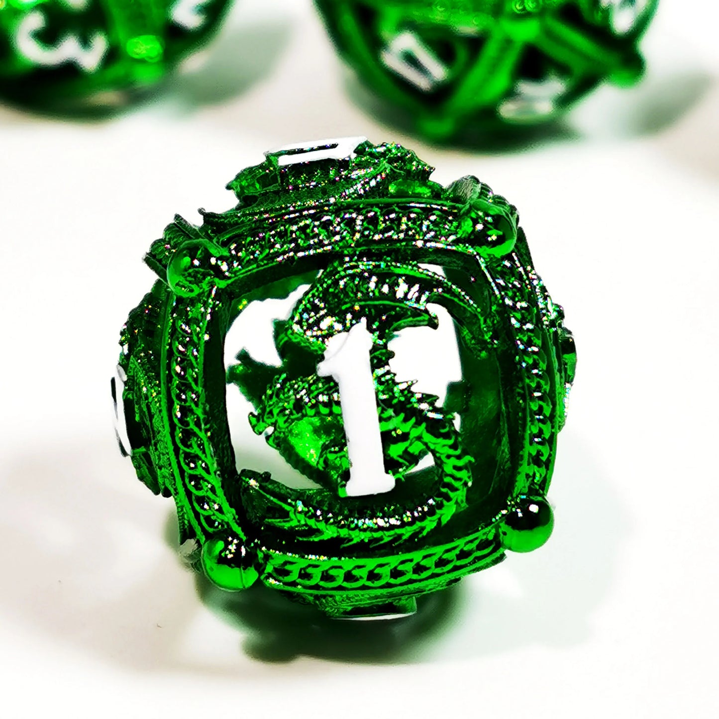 "Sharp Edge Zinc Alloy DnD Dice Set - 7 Piece Metal Hollow Green Polyhedral Dice for Dungeons & Dragons, RPG Games"