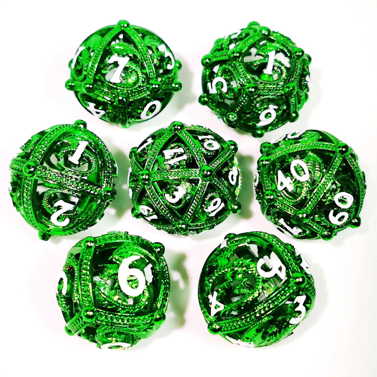 "Sharp Edge Zinc Alloy DnD Dice Set - 7 Piece Metal Hollow Green Polyhedral Dice for Dungeons & Dragons, RPG Games"