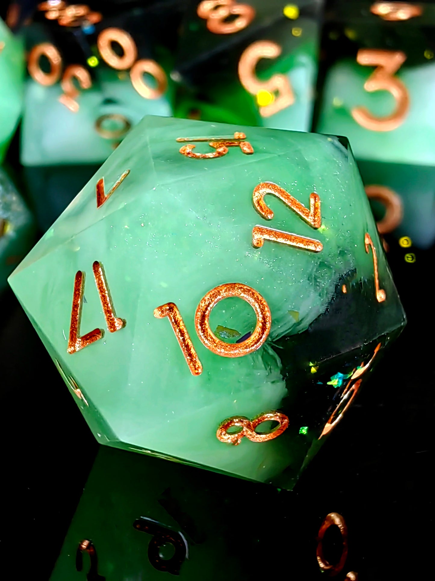 DnD Dice Set - Sharp Edge Resin Dice, Light Green with Gold Numbers, Perfect for Dungeons & Dragons, Tabletop RPG