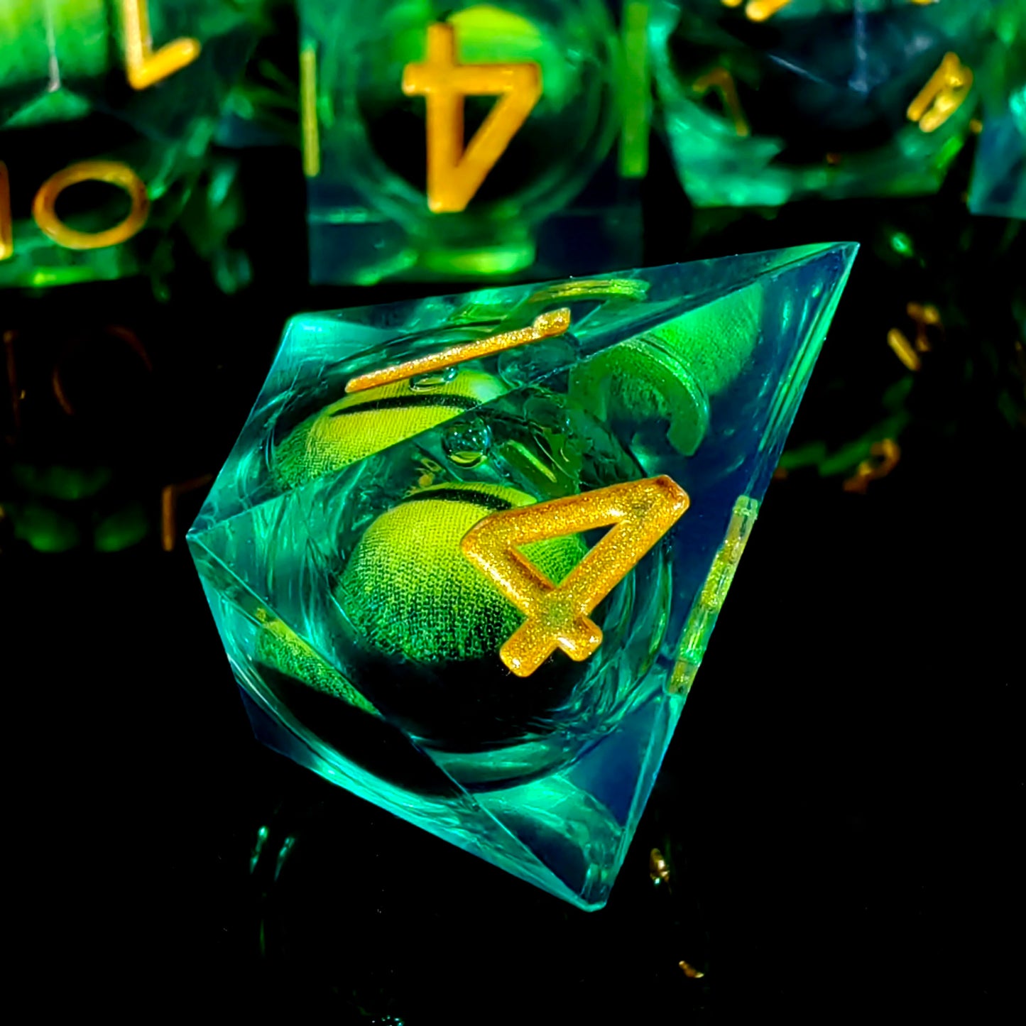 DnD Dice Set - 7-Piece Resin Polyhedral Dice with Spinning Dragon Eye Core, Light Green for Dungeons and Dragons, Tabletop Games