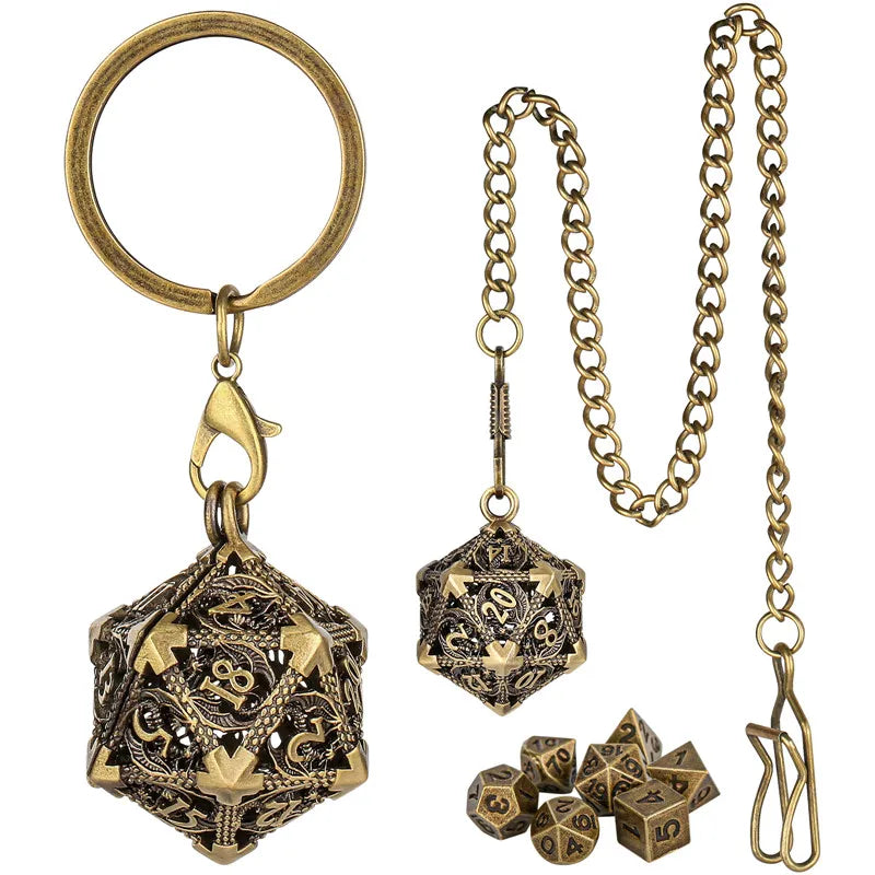 Portable Keychain with Hollow D20 Metal Case Tiny 7pcs Polyhedral Metal Dice Set Gaming Dices Accessory Necklace Pendant Chain