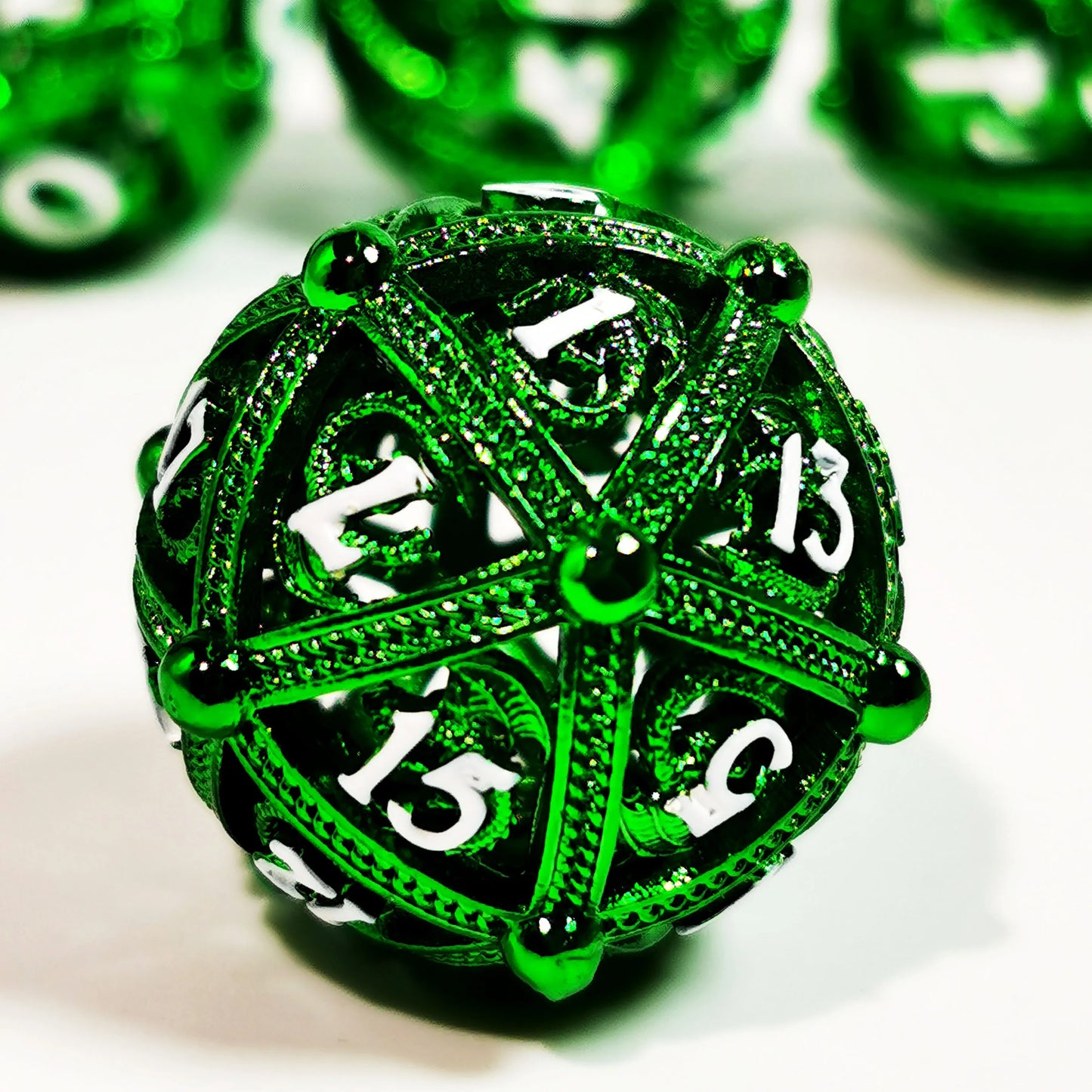 "Sharp Edge Zinc Alloy DnD Dice Set - 7 Piece Metal Hollow Green Polyhedral Dice for Dungeons & Dragons, RPG Games"