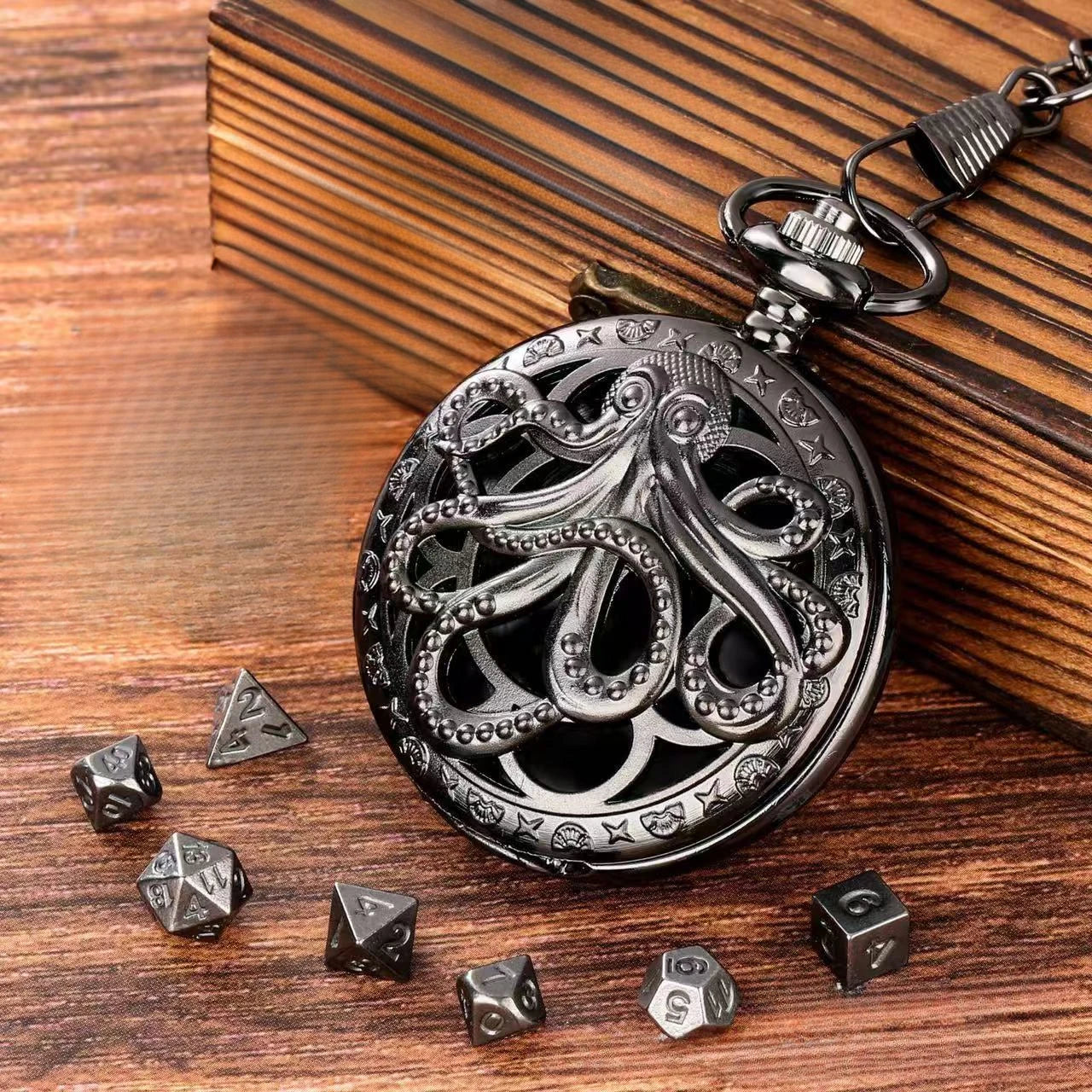Vintage Octopus Pocket Watch Box 7 Pieces Mini Metal Polyhedron Dice Pendant Necklace Party Board Game Accessories Kids Gifts