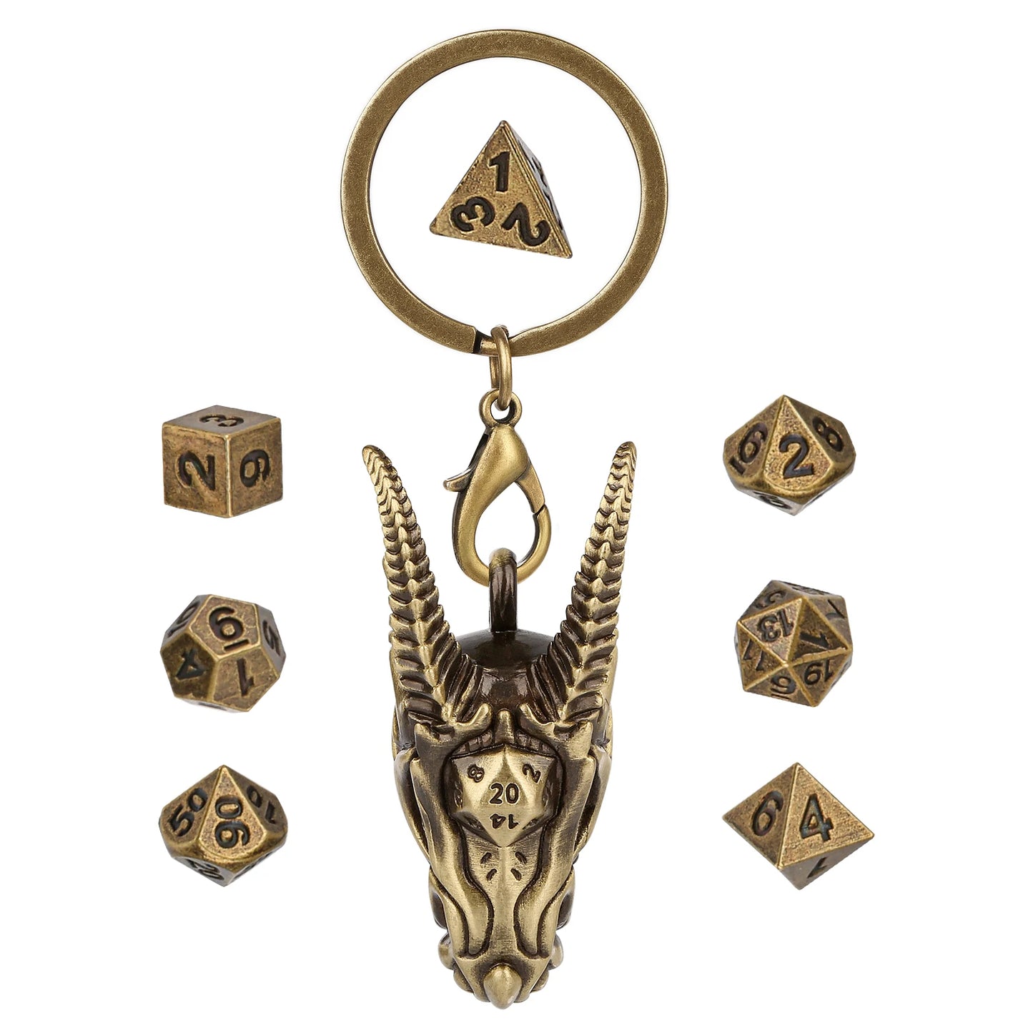 Cool Key Ring with Metal Dragon Head Case 7pcs Mini Polyhedral Dice Set Role Play Gaming Dices Storage Case with Necklace Chain