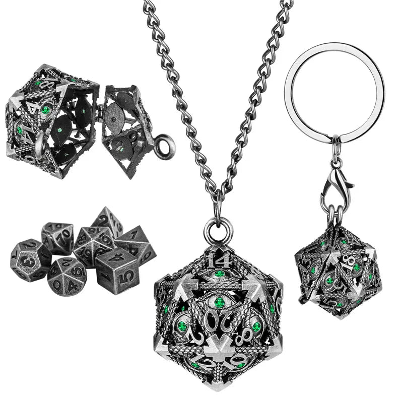 7pcs/set Tiny Metal Polyhedral Dice Role Play Gaming Dices with Hollow D20 Case Green Crystal Pendant Key Ring Necklace Chain
