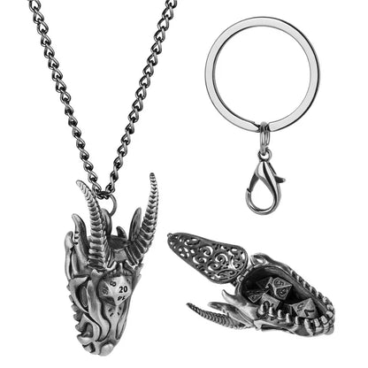 7pcs/set Tiny Polyhedral Dice with Pendant Key Ring Metal Dragon Head Case Role Play Gaming Dices Storage Case Necklace Chain
