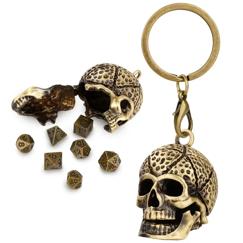 Gothic Portable Key Ring Necklace Chain with Hollow Skull Head Storage Case for 7pcs Tiny Polyhedral Dice Set Gaming Dices