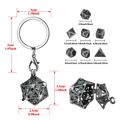 7pcs/set Tiny Metal Polyhedral Dice Role Play Gaming Dices with Hollow D20 Case Green Crystal Pendant Key Ring Necklace Chain