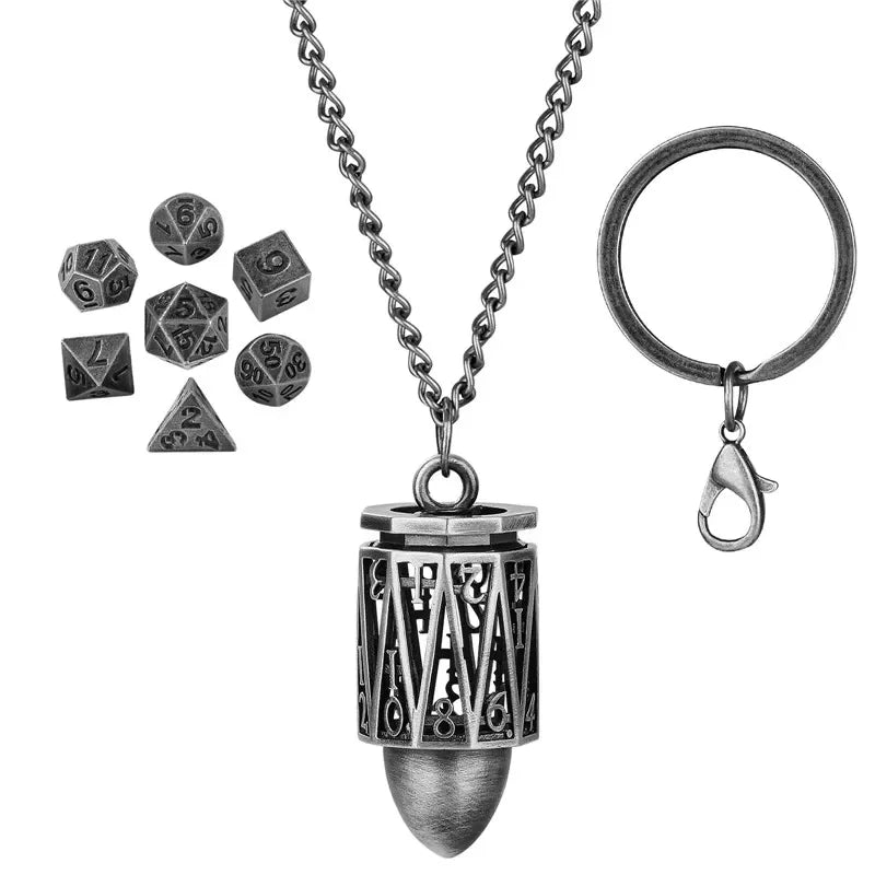 Portable Key Chain with Hollow D20 Metal Case Tiny 7pcs Polyhedral Metal Dice Set Gaming Dices Storage Case Necklace Chain