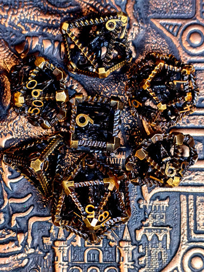 DnD Metal Dice Set - 7 Piece Zinc Alloy Dragon Pattern Polyhedral Dice for Dungeons and Dragons RPG - Red Copper Color