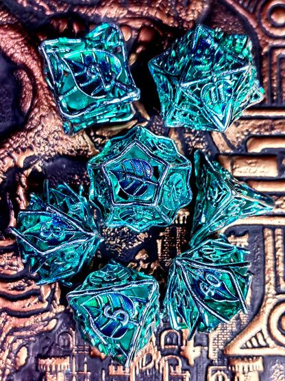 DnD Dice Set - 7 Piece Zinc Alloy Metal Dice with Leaf Pattern, Green Base Silver Numbers for RPG, Dungeons & Dragons