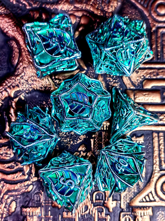 DnD Dice Set - 7 Piece Zinc Alloy Metal Dice with Leaf Pattern, Green Base Silver Numbers for RPG, Dungeons & Dragons