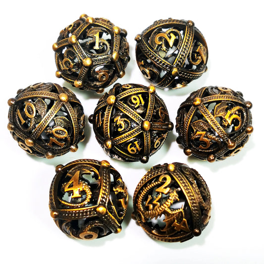 "Sharp Edge Zinc Alloy DnD Dice Set - 7 Piece Metal Hollow Green Polyhedral Dice for Dungeons & Dragons, RPG Games"