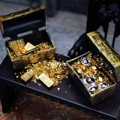 1set Dollhouse Gold Coins Gold Bars Treasure Model with Box Treasure Dollhouse Doll Accessories Miniature Ornaments Decoration