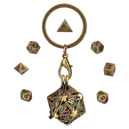 Retro Hollow D20 Case Pendant Key Ring 7pcs Mini Polyhedral Dice Set Role Play Gaming Dices Storage Case with Necklace Chain