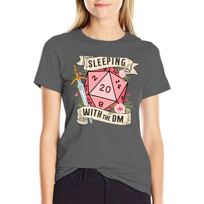 SLEEPING WITH THE DUNGEON MASTER: Cute D20 dnd dice with flowers and sword T-Shirt funnys Women clothes