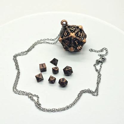 1 Set 20-sided Hollow Metal Dice Necklace TRPG DND Hollow Metal Dice Torque Mini Exquisite Polyhedral Dice Necklace