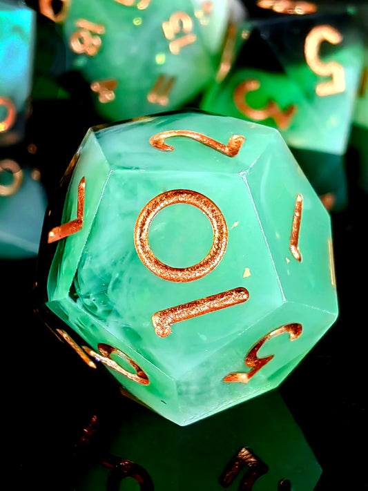 DnD Dice Set - Sharp Edge Resin Dice, Light Green with Gold Numbers, Perfect for Dungeons & Dragons, Tabletop RPG