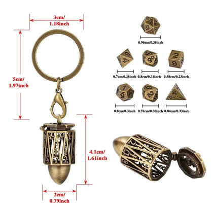 Portable Key Chain with Hollow D20 Metal Case Tiny 7pcs Polyhedral Metal Dice Set Gaming Dices Storage Case Necklace Chain