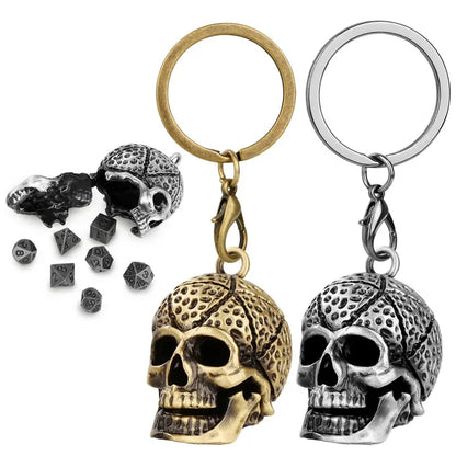 Gothic Portable Key Ring Necklace Chain with Hollow Skull Head Storage Case for 7pcs Tiny Polyhedral Dice Set Gaming Dices