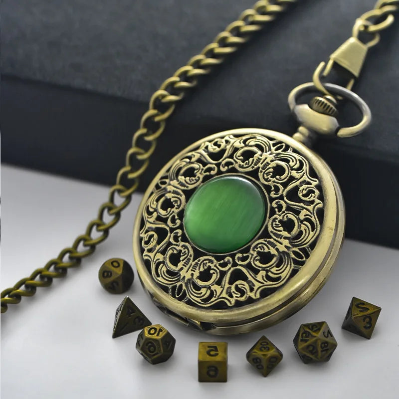 Vintage Emerald Flap Pocket Watch Box Mini Metal Polyhedron Bronze Dice Necklace， Board Game Accessories, Children's Gifts