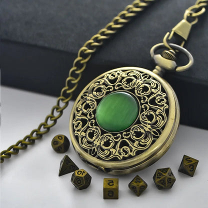 Vintage Emerald Flap Pocket Watch Box Mini Metal Polyhedron Bronze Dice Necklace， Board Game Accessories, Children's Gifts