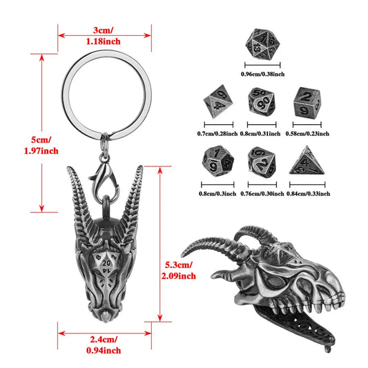 7pcs/set Tiny Polyhedral Dice with Pendant Key Ring Metal Dragon Head Case Role Play Gaming Dices Storage Case Necklace Chain
