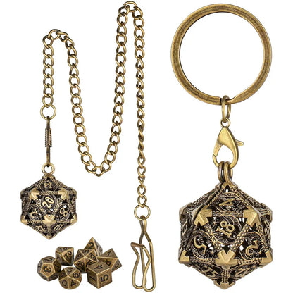 Portable Keychain with Hollow D20 Metal Case Tiny 7pcs Polyhedral Metal Dice Set Gaming Dices Accessory Necklace Pendant Chain