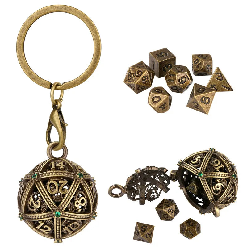 7pcs Mini Metal Polyhedral Dice Set RPG Gaming Dices Storage Case Hollow Round D20 Case Pendant Key Ring Necklace Chain Gift