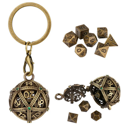 7pcs Mini Metal Polyhedral Dice Set RPG Gaming Dices Storage Case Hollow Round D20 Case Pendant Key Ring Necklace Chain Gift