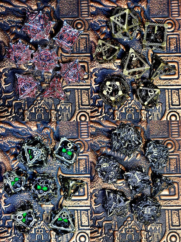 DnD Metal Dice Set - 7 Piece Zinc Alloy Dice with Skull Pattern, Antique Bronze, for Dungeons & Dragons, RPG Tabletop Games