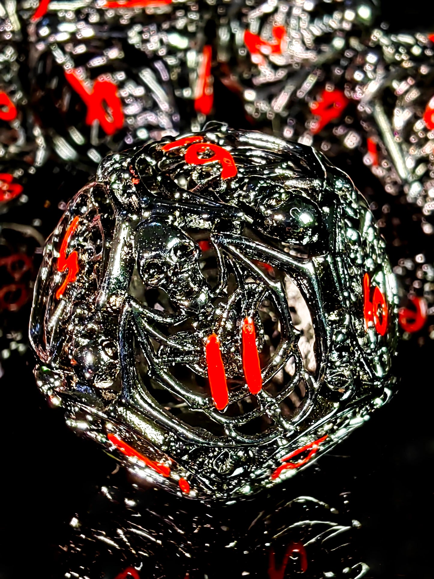 DnD Metal Dice Set - Zinc Alloy Skull Design, Silver Base with Red Numbers, Perfect for Dungeons & Dragons, RPG Games