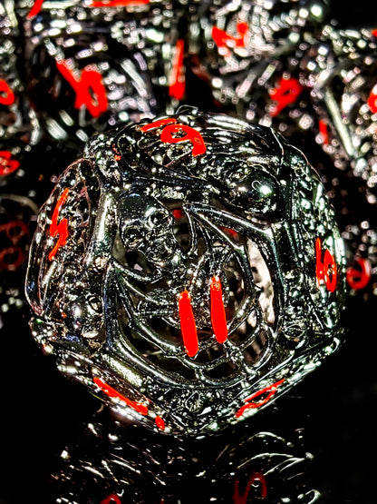 DnD Metal Dice Set - Zinc Alloy Skull Design, Silver Base with Red Numbers, Perfect for Dungeons & Dragons, RPG Games