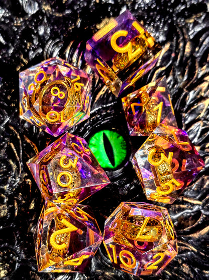 Purple Sharp Edge Resin Dice Set - DnD Dice with Inner Ring, Polyhedral RPG Dice for Dungeons & Dragons