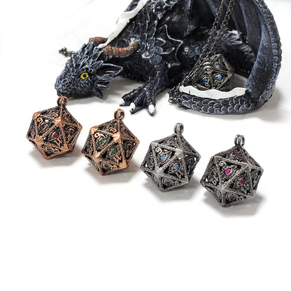 Diamond DND Dice Jewelry Necklace Hollow D20 Metal Case D20 Dragon metal Dice w/ Diamond Polyhedral Metal Dice Set Gaming Dices