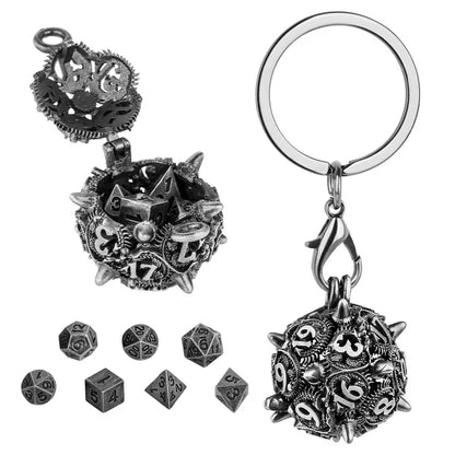 7pcs/set Tiny Metal Polyhedral Dice with Necklace Chain Key Ring D20 Storage Case Entertainment Table Board Role Play Game