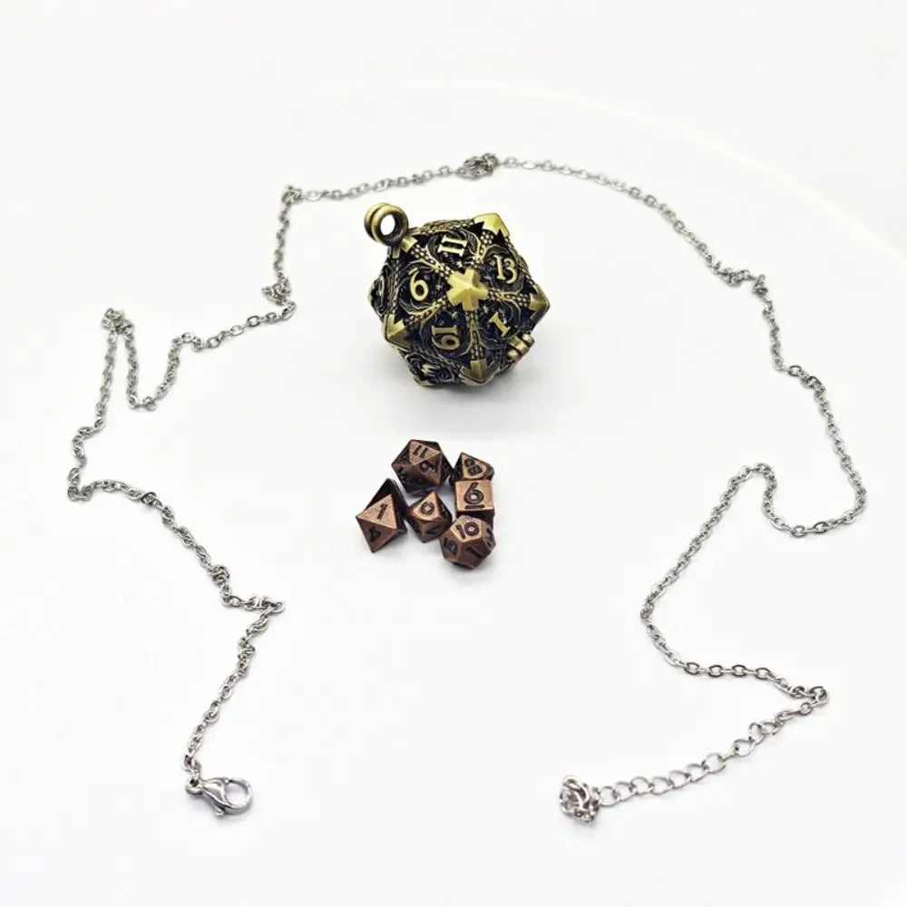 1 Set 20-sided Hollow Metal Dice Necklace TRPG Exquisite Hollow Metal Dice Torque DND Mini Polyhedral Dice Necklace