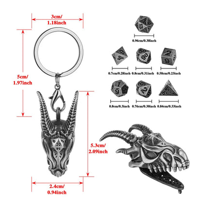 Cool Key Ring with Metal Dragon Head Case 7pcs Mini Polyhedral Dice Set Role Play Gaming Dices Storage Case with Necklace Chain