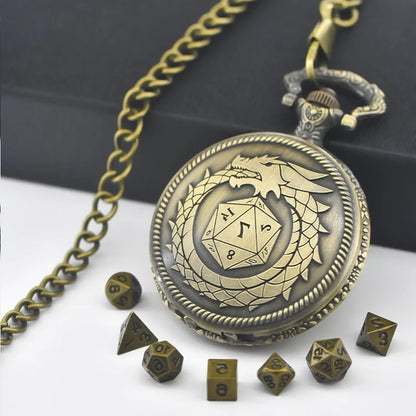 Vintage Dragon Pocket Watch Box Dice Necklace Board Game Accessories, Fashion Jewelry Gifts for Men and Women